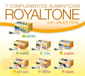 Gama de 7 complementos alimenticios Royaltone con jalea real: Sport, Forte, Vital, Junior, Estudio, Andys Depre y Vigor