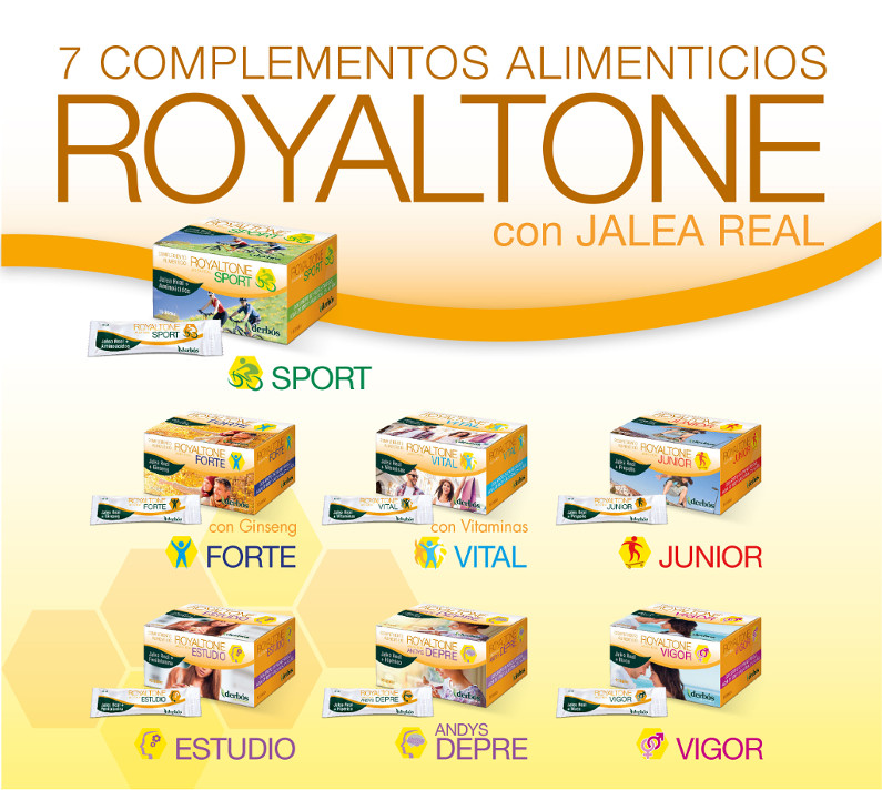 Gama de 7 complementos alimenticios Royaltone con jalea real: Sport, Forte, Vital, Junior, Estudio, Andys Depre y Vigor