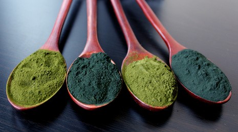 Cuatro cucharas de madera con polvo verde de espirulina y clorela sobre mesa oscura