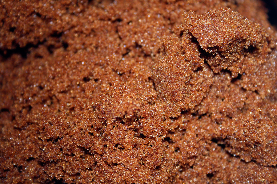 Primer plano de azúcar de coco granulado de color marrón con textura húmeda