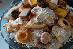 Bandeja de cristal con surtido de galletas navideñas y pastas de té espolvoreadas con azúcar y chocolate