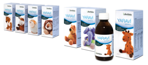Gama de jarabes infantiles Yaraví de Derbós con cajas ilustradas con animales de peluche