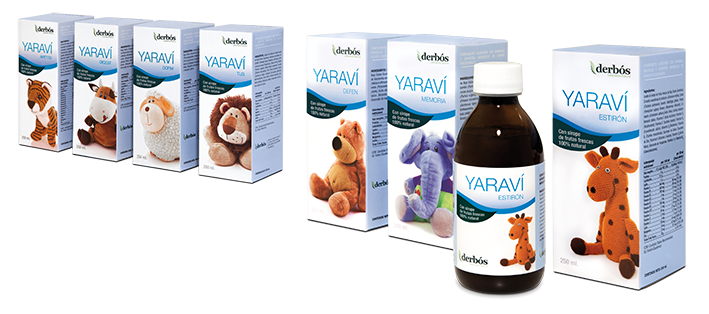 Gama de jarabes infantiles Yaraví de Derbós con cajas ilustradas con animales de peluche