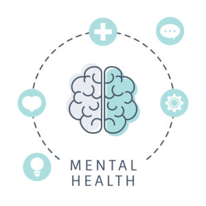 Ilustración de cerebro rodeado de iconos de salud, corazón, idea y engranaje con texto Mental Health