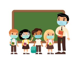 Profesor y cuatro niños con mascarillas y mochilas frente a una pizarra verde en el aula