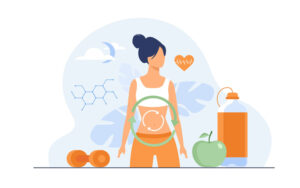 Ilustración de mujer con metabolismo activo rodeada de mancuernas, manzana, agua y corazón saludable