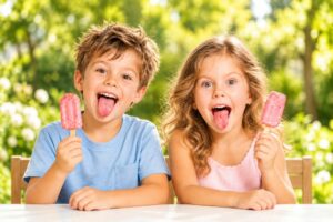 Niña con rulos rosas sacando la lengua y sosteniendo dos polos de helado rosa en verano