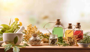 Mortero con hierbas, frascos de extractos vegetales de colores y plantas medicinales sobre mesa de madera