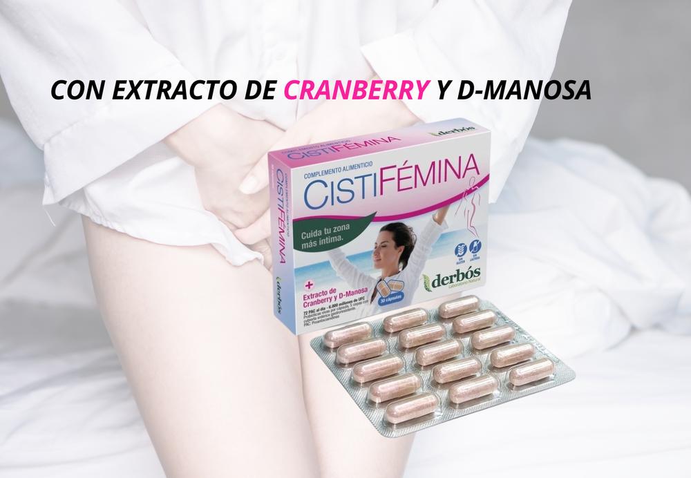 CISTIFÉMINA está hecho a base de Extracto de arándano rojo (Cranberry), D-Manosa y Probióticos. 