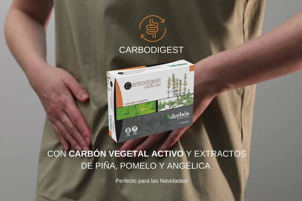 Producto Carbodigest de Derbós para mejorar la digestión, ideal en celebraciones navideñas.