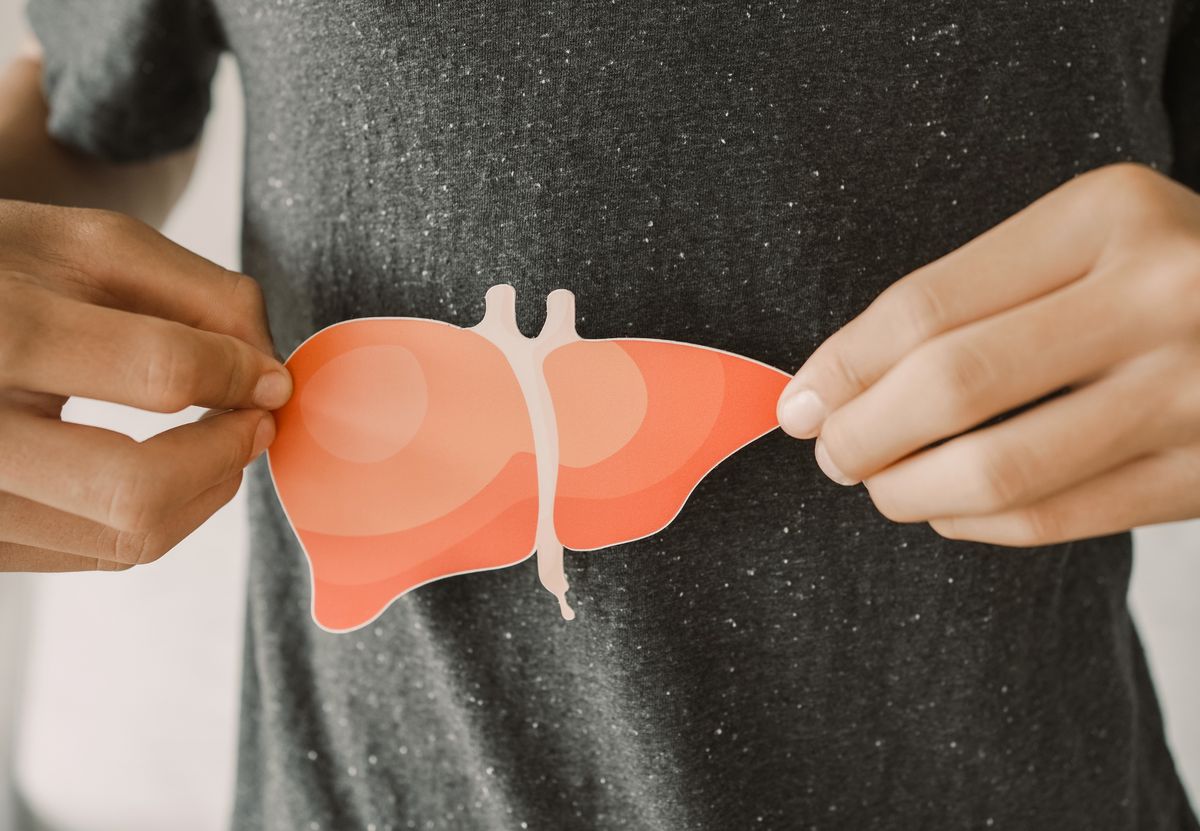Manos sostienen recorte de papel con forma de hígado sobre camiseta gris a la altura del abdomen