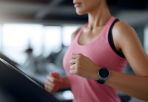 Mujer con top rosa corriendo en cinta de gimnasio con reloj inteligente en la muñeca