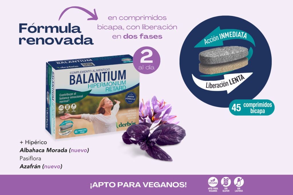 Balantium Hipermonium Retard de Derbós: caja del producto, comprimidos bicapa con acción inmediata y liberación lenta, apto para veganos, sin gluten y sin lactosa