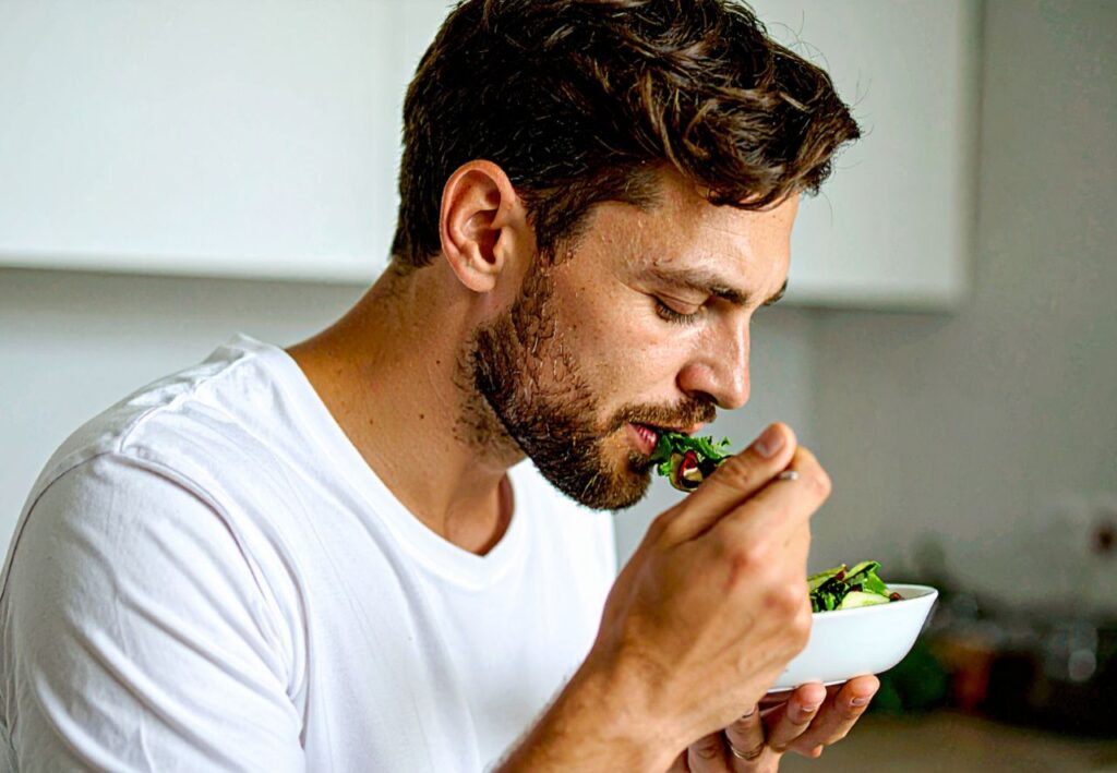 Hombre comiendo ensalada como parte de una alimentación equilibrada rica en vitamina D y K