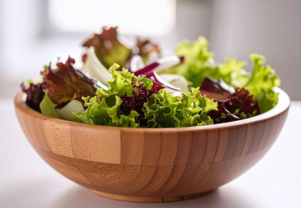 Bol de ensalada fresca con hojas verdes, ideal para comidas ligeras en verano