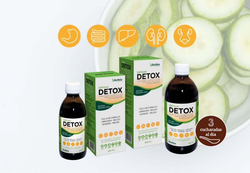 Depsan Detox de Derbós, complemento alimenticio con hidrolatos de cola de caballo, arenaria, boldo, romero y melisa